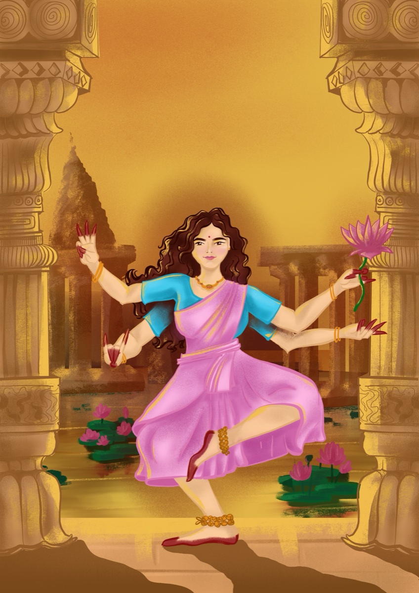 Illustrated goddess in a pink saree in a temple courtyard