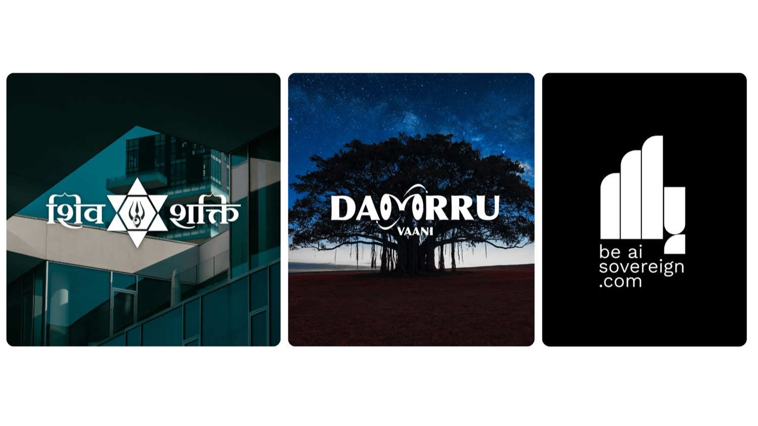 Three foundational brand marks side by side — ShivShakti, Dammru Vaani and be AI Sovereign — each on its own dark ground