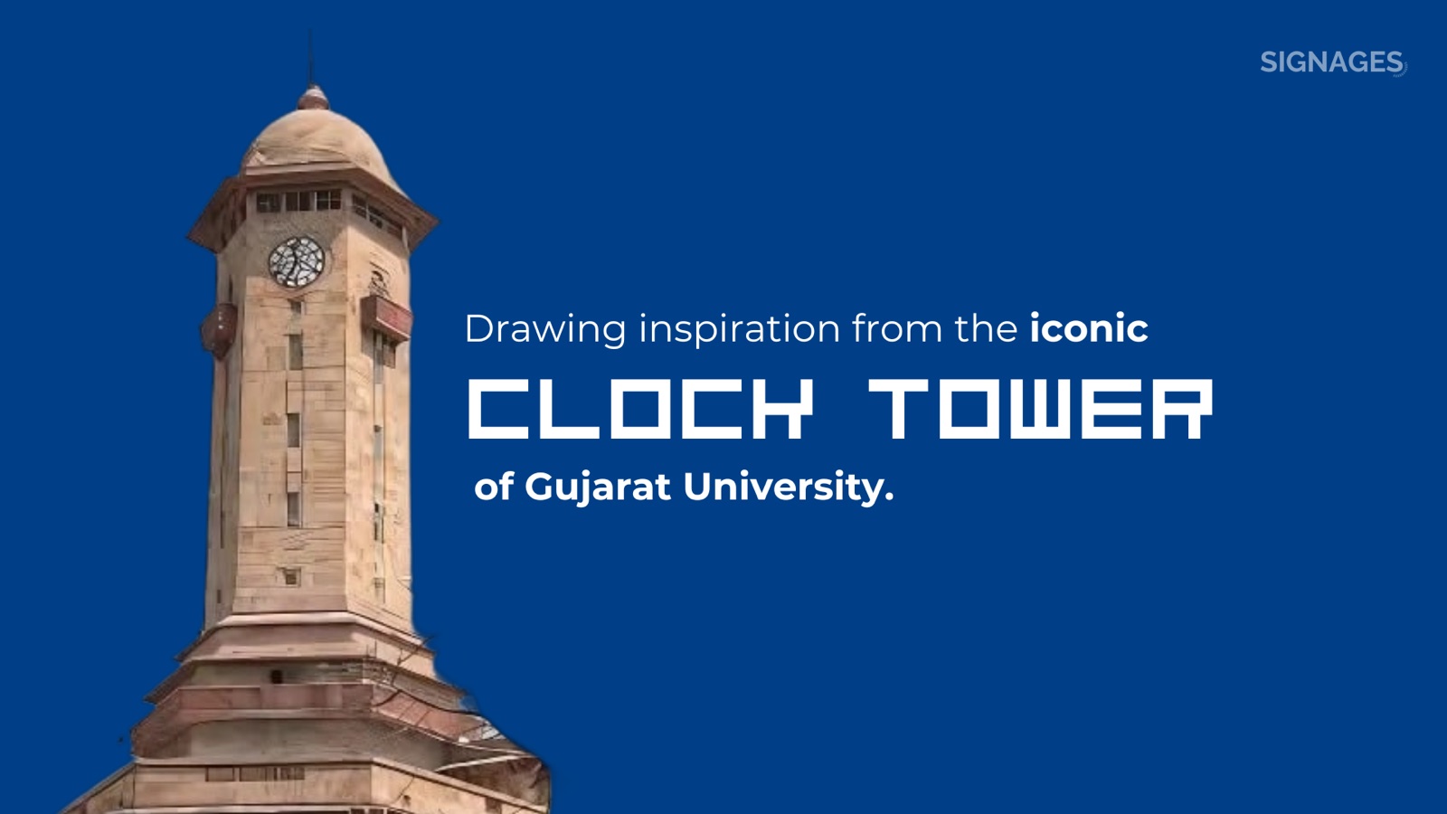 The Gujarat University clock tower beside the line 'Drawing inspiration from the iconic clock tower'