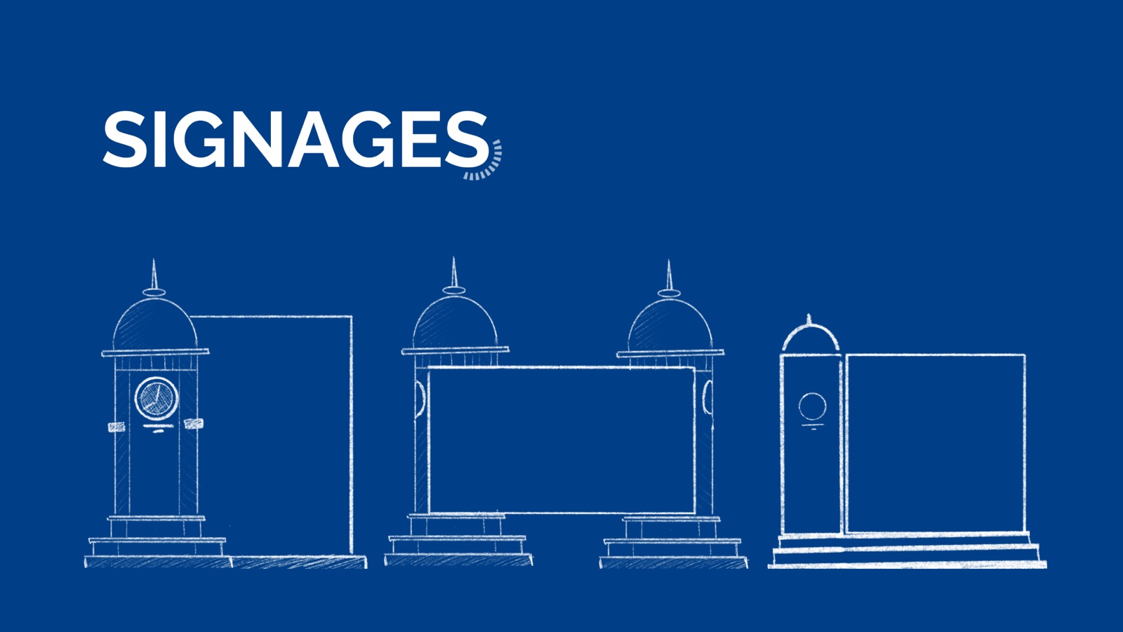 Blueprint-style line drawings of the signage pillar family — welcome monument, multi-direction signpost, and building-name pillar — under the SIGNAGES heading
