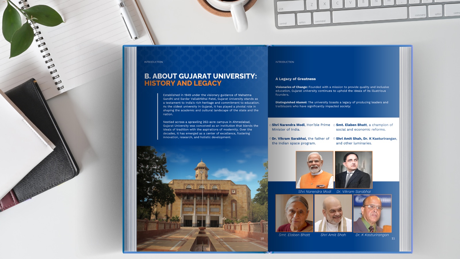 An open spread from the 75 Years of Excellence brochure — 'About Gujarat University: History and Legacy' with a campus photograph and portraits of luminaries