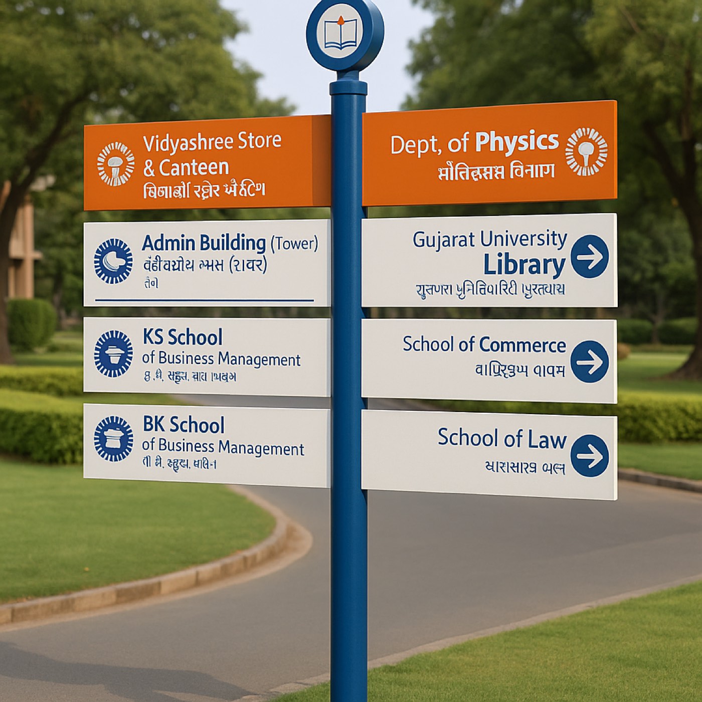 The main-entrance monument — two blue clock-tower pillars flanking a white GUJARAT UNIVERSITY panel with the bilingual name and crest, on a green lawn