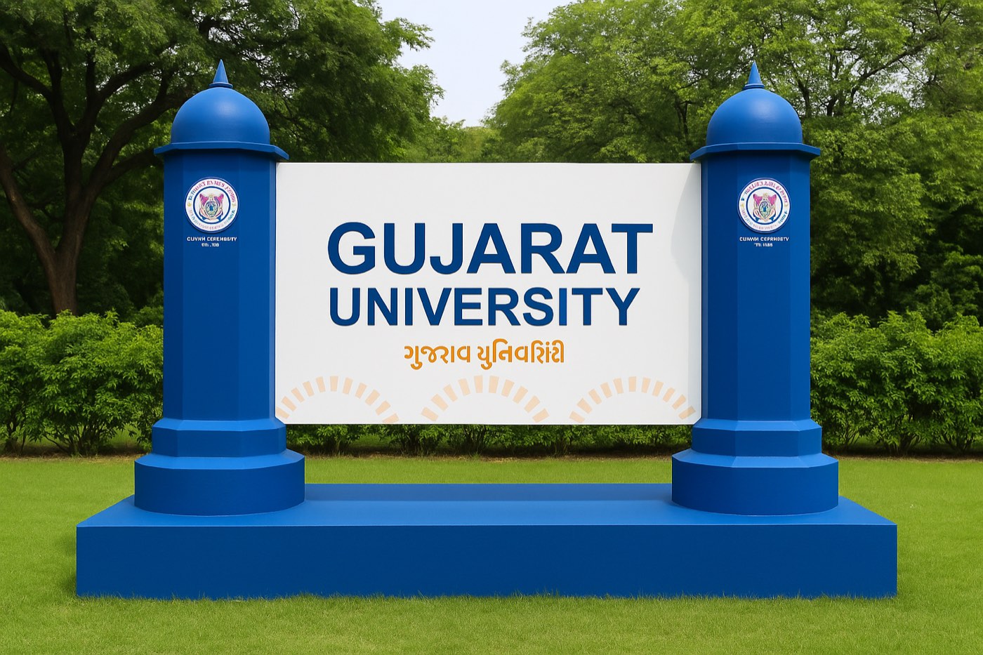 A multi-directional campus signpost with bilingual destination plates and directional arrows