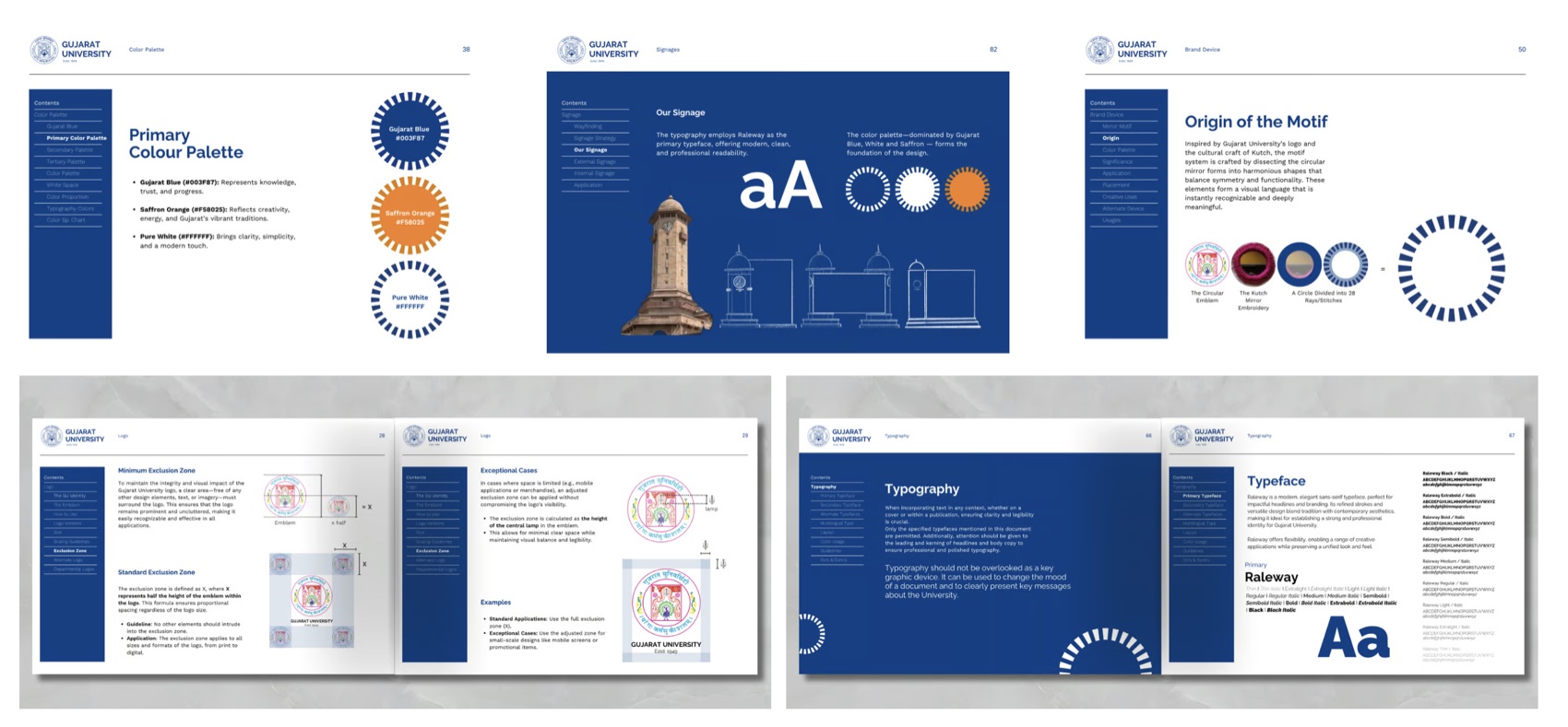 Interior spreads from the brand guidelines book — palette, typography and the radial brand-device motif laid out across pages