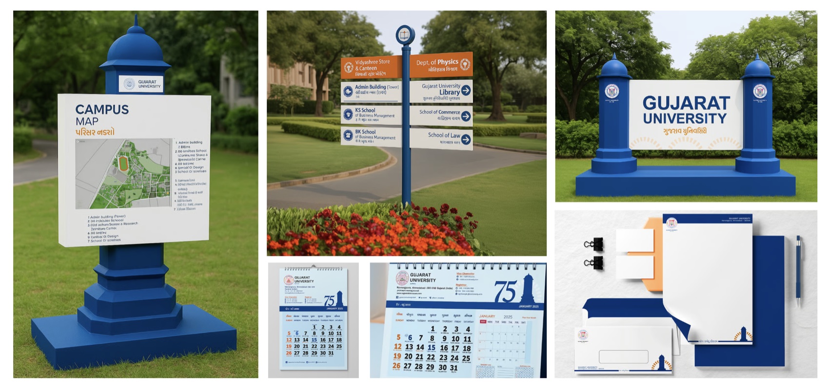 The full system together — signage pillars, the anniversary calendar, and stationery, all carrying the brand device