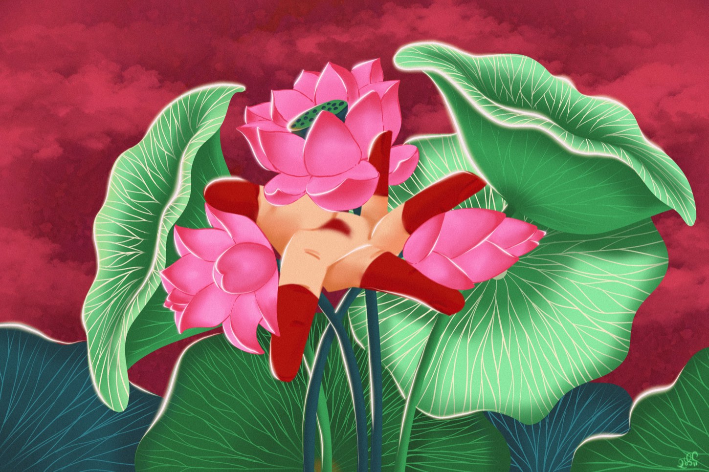 Ala-Padma, the Lotus Bloom — the lotus mudra cradling pink blooms against a deep crimson cloud-sky
