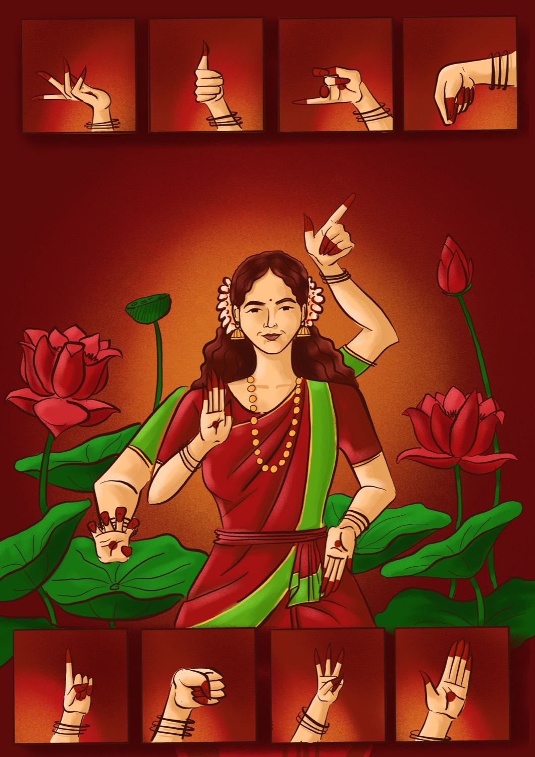 Mudra Series key — a central Bharatanatyam dancer in red and green saree surrounded by eight framed hand-gesture panels on red grounds