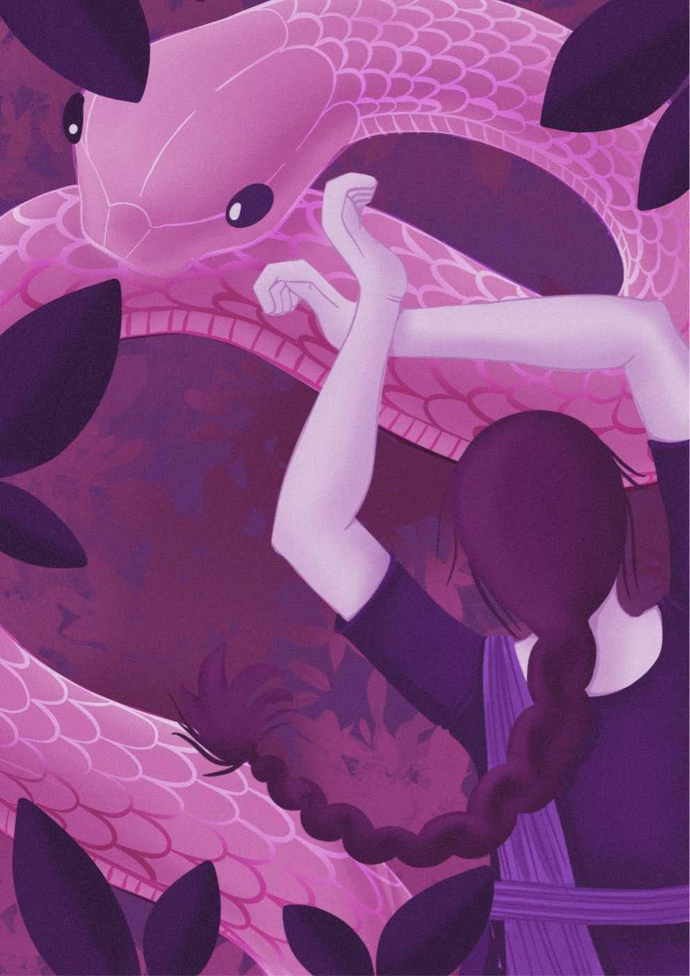 Sarpashirsha, the Serpent Hood — an arm in a snake-shaped gesture coiled inside a pink serpent, a long braid dropping below