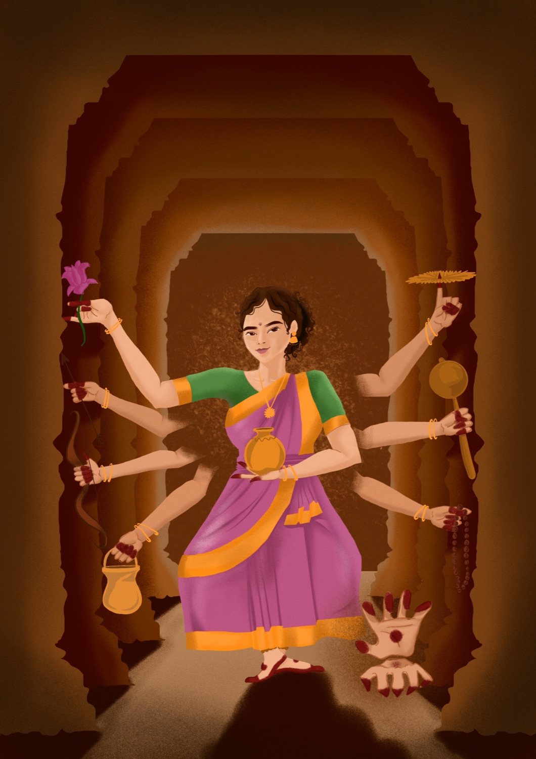 The eight-armed Durga form standing within a recessed temple archway, each hand holding an attribute, in warm sienna light