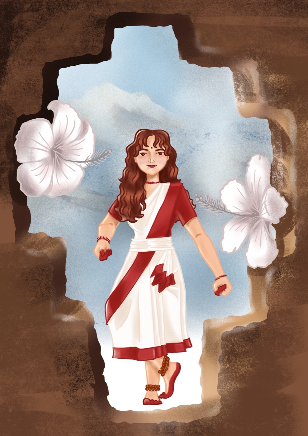 Brahmacharini — the ascetic goddess in a white saree with red border walking barefoot, framed by oversized white hibiscus