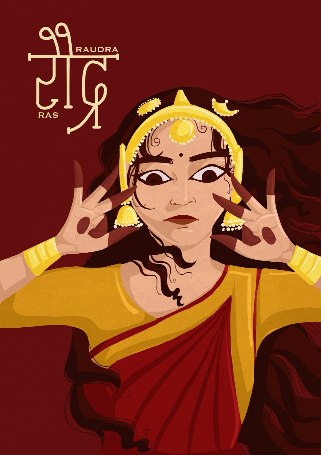 Raudra Ras, Anger — close-up portrait with hair flying loose, both hands raised in claw-like mudras with red-tipped fingers, on a blood-red ground
