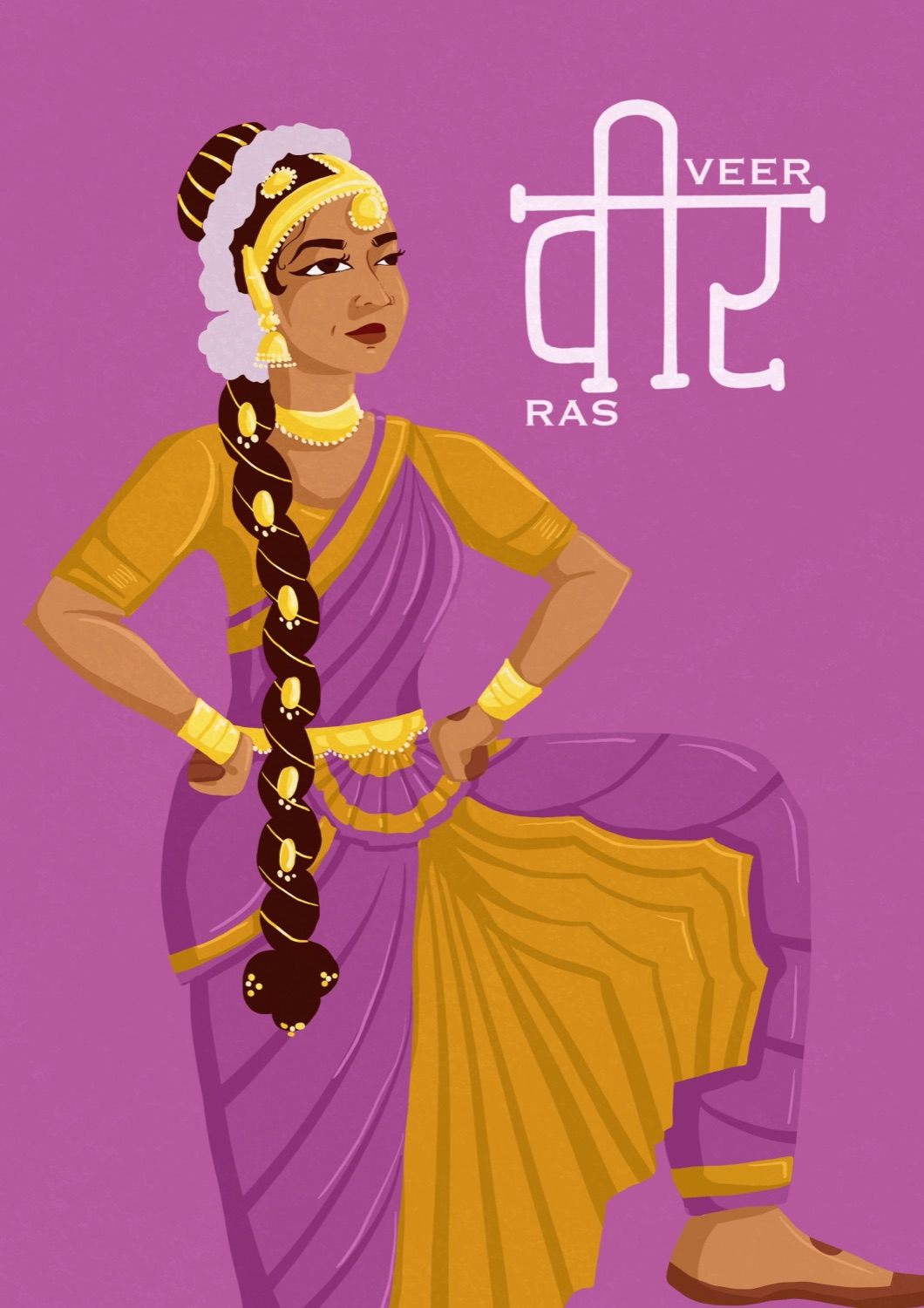 Veer Ras, Heroism — a standing dancer hands on hips, one leg lifted in a confident warrior stance, on a magenta-pink ground