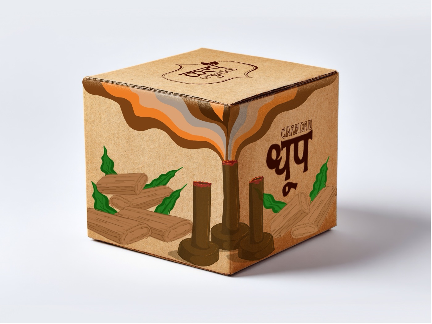 Chandan variant closed kraft box with sandalwood logs, green leaves and smoke ribbons