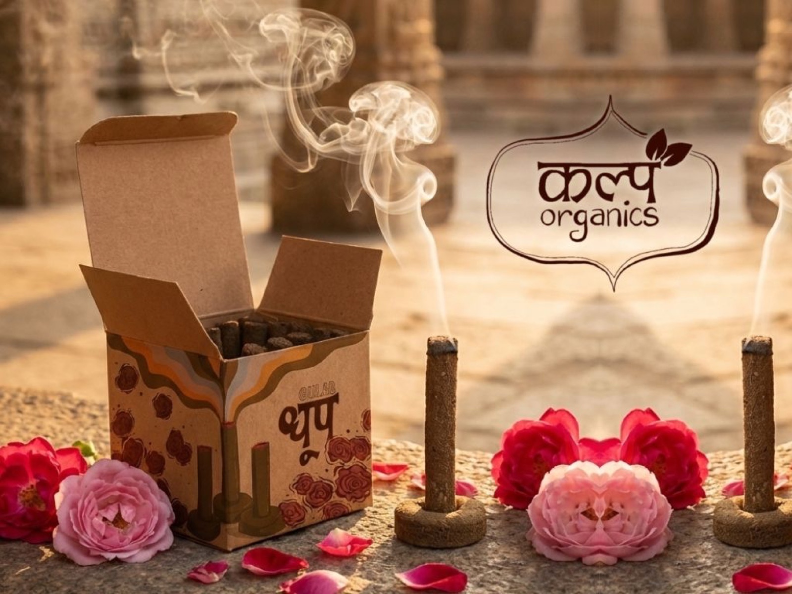 Close-up lifestyle shot of an open Gulab box on stone, with a burning cone smoking beside it