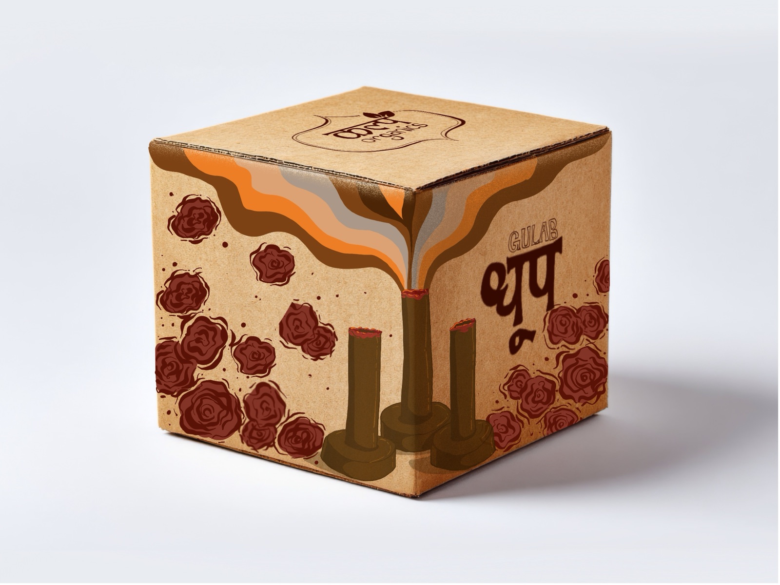 Closed brown-kraft Kalp Dhoop Gulab box with smoke ribbons and hand-drawn roses across the front