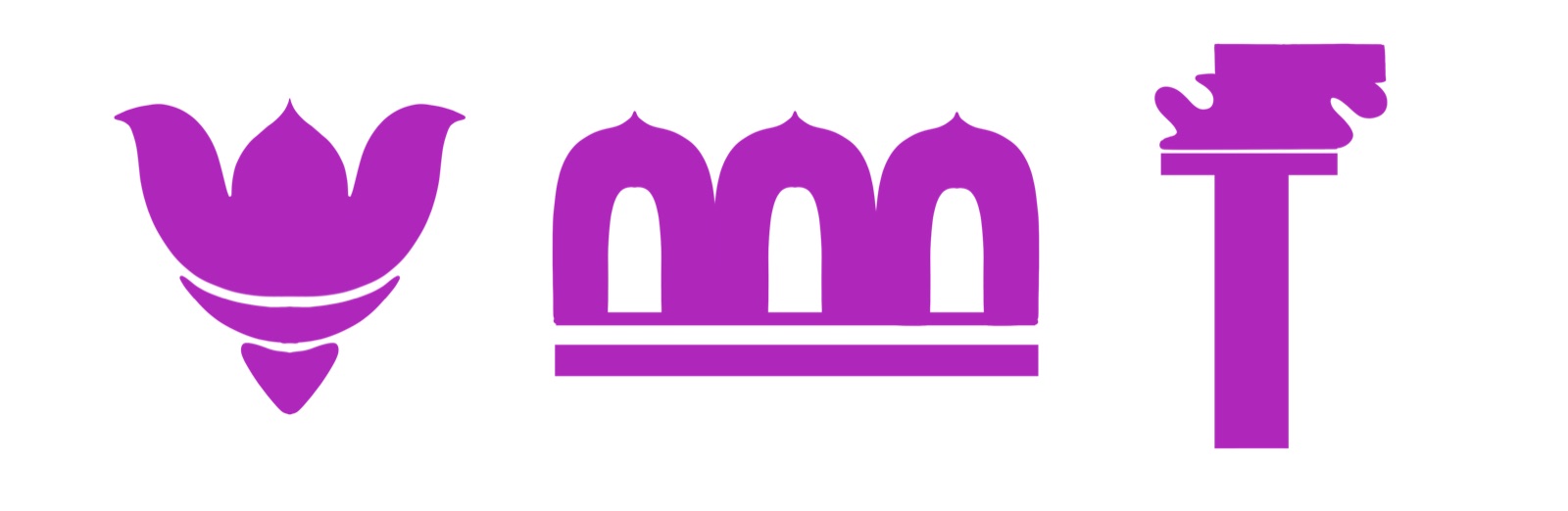 The three reusable building blocks of Kamal in magenta — a lotus-petal foot, a row of three mandap arches on a rule, and a pillar shaft with capital and base