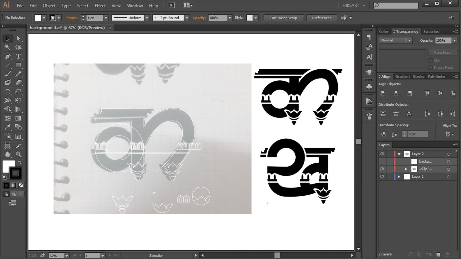 Adobe Illustrator mid-build — a scanned sketchbook page as a reference layer on the left, cleaned vector glyphs on the right, with the layers and align panels visible