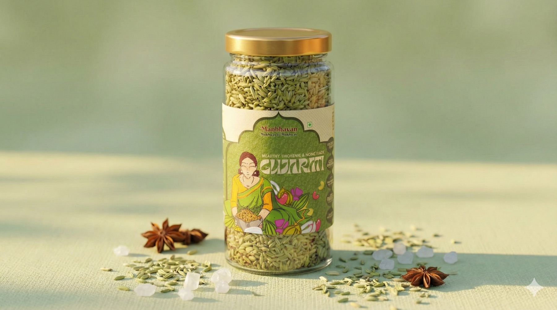 Gujarati-variant jar with the illustrated Gujju Aunty label, framed in a temple arch