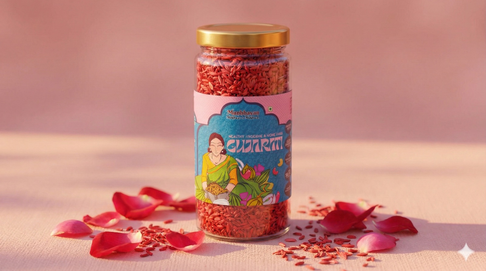 Rose Petal variant jar on a pink surface with rose petals