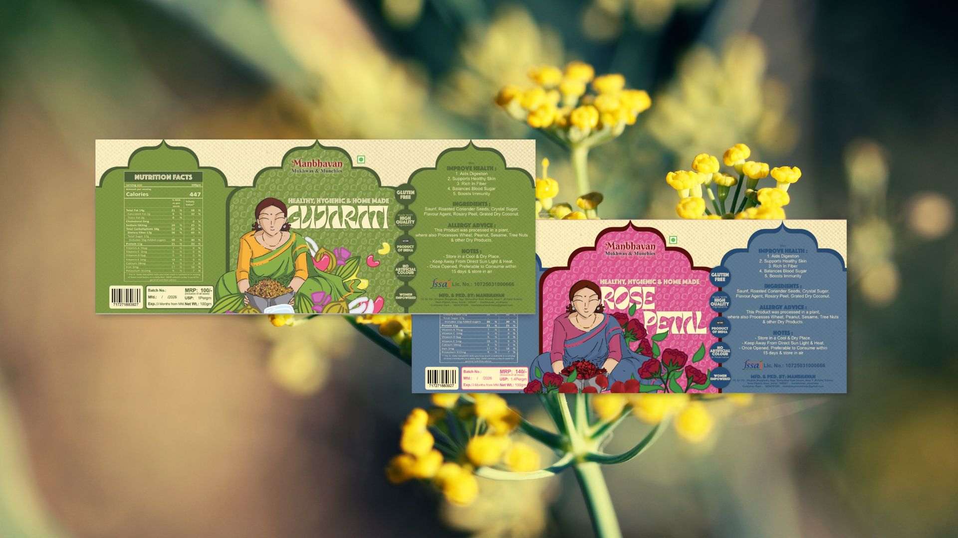 Both finished mukhwas labels — Gujarati and Rose Petal variants, each with the illustrated Gujju Aunty