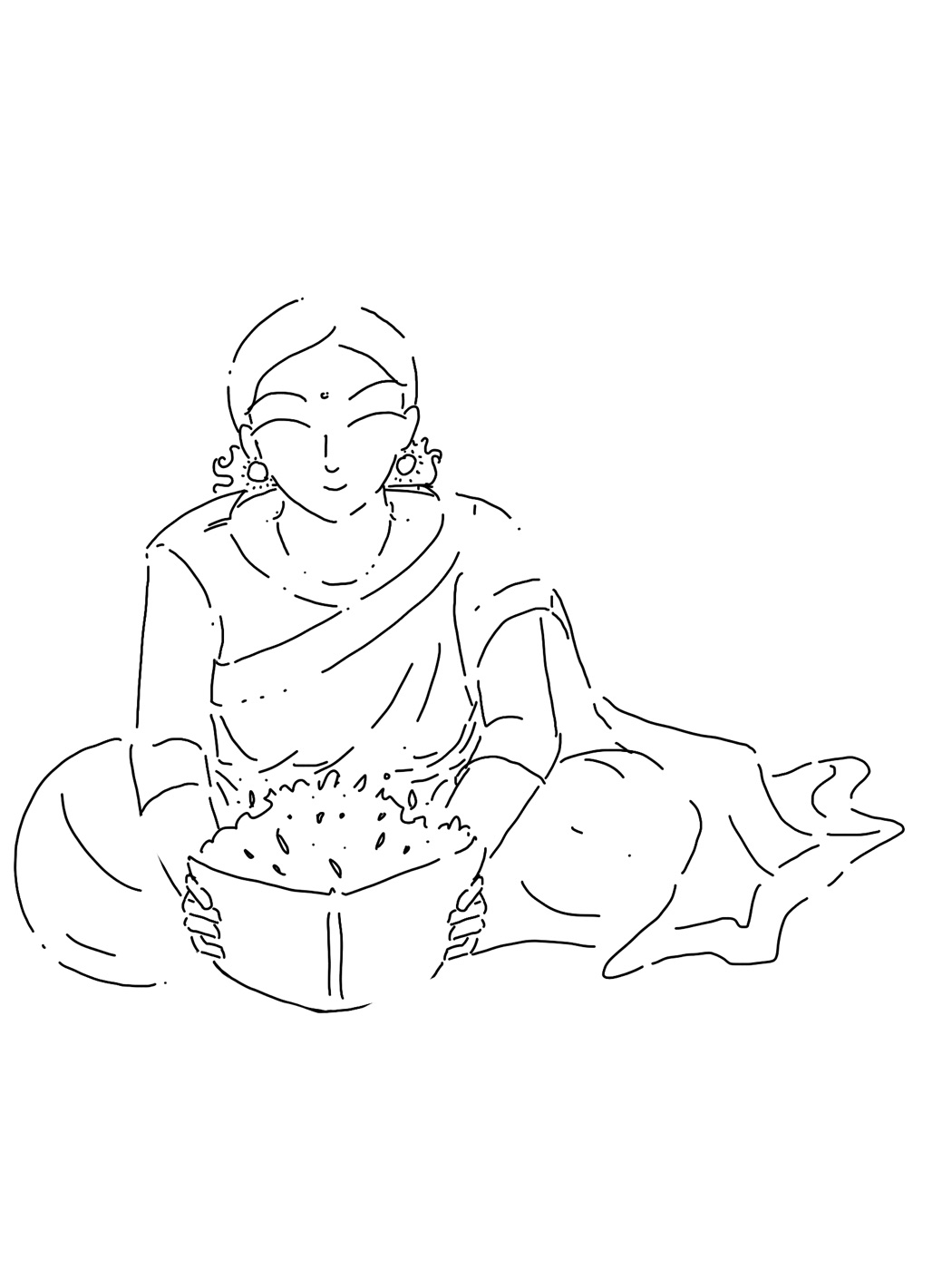 Line-art process drawing of the Gujju Aunty character