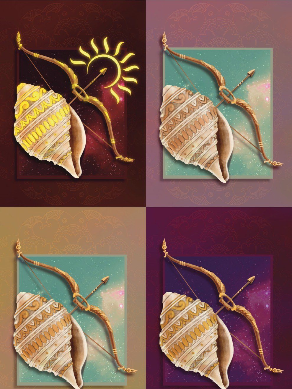 A 2x2 grid of four colour-direction studies for the Gita illustration — maroon, teal-and-rose, ochre-and-teal, and deep purple