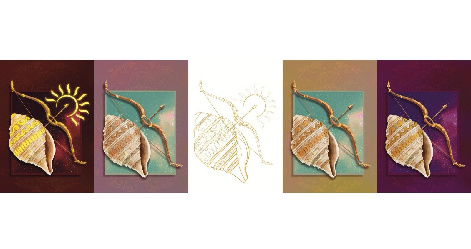 Process strip for the Bhagavad Gita cover — four colour studies and a gold line-art version of the bow-and-conch composition