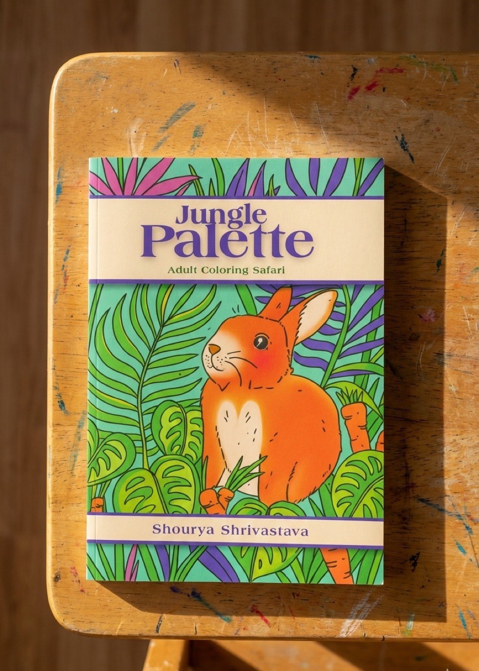 The printed Jungle Palette cover resting on a paint-spattered wooden stool — a rabbit in jungle foliage