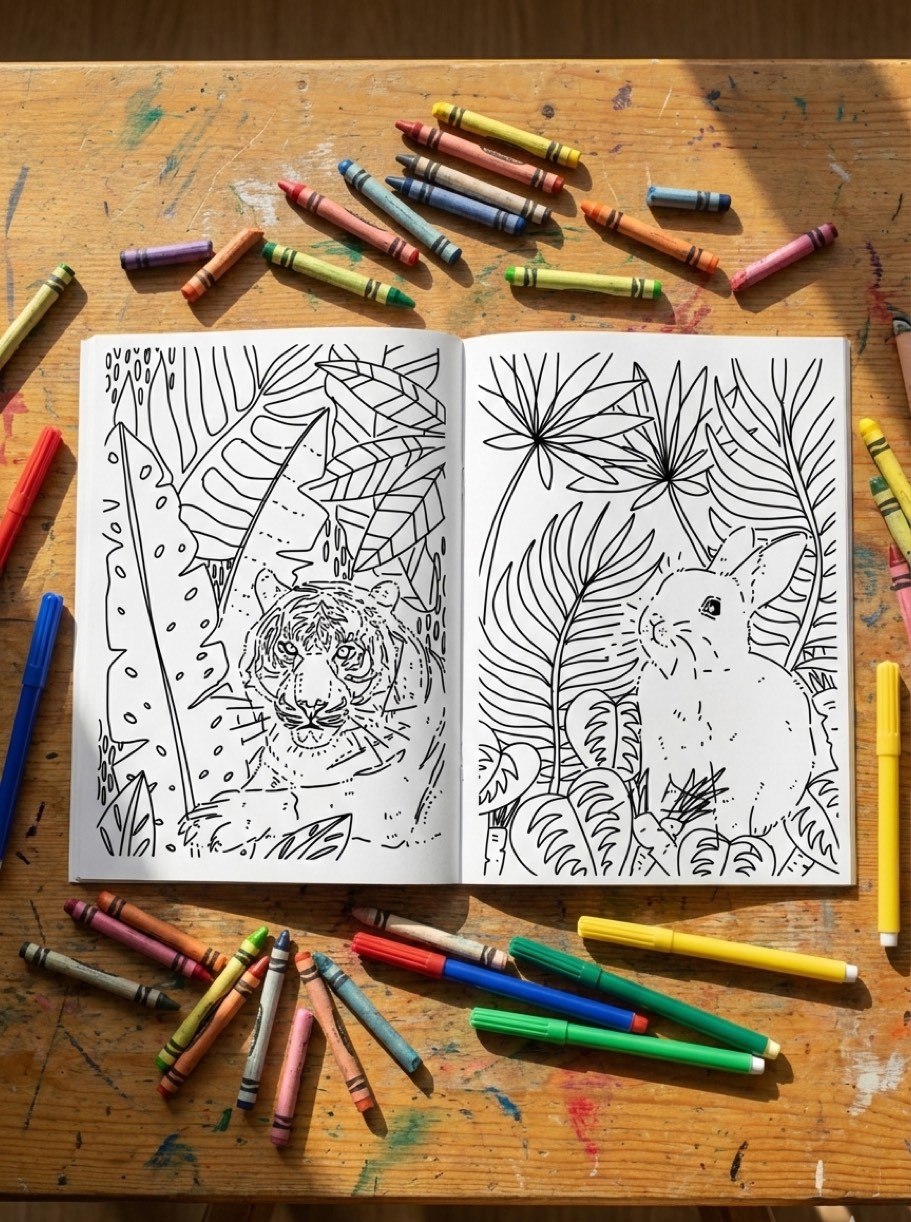 Jungle Palette open to a two-page spread — a tiger and a rabbit in dense foliage, with crayons and felt-tips scattered around