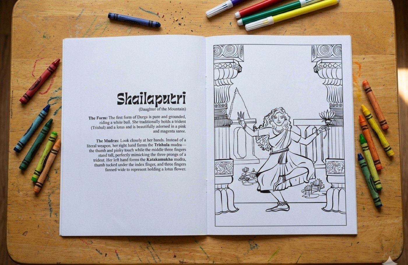 An open spread from Nava Shakti — descriptive text on the left page, clean line-art of Shailaputri on the right, ready to colour
