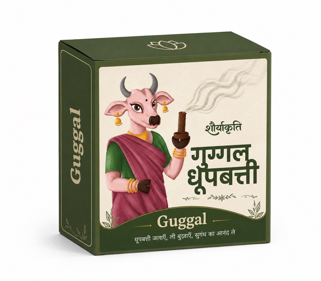 Guggal carton — olive green, Kriti holding a lit dhoop