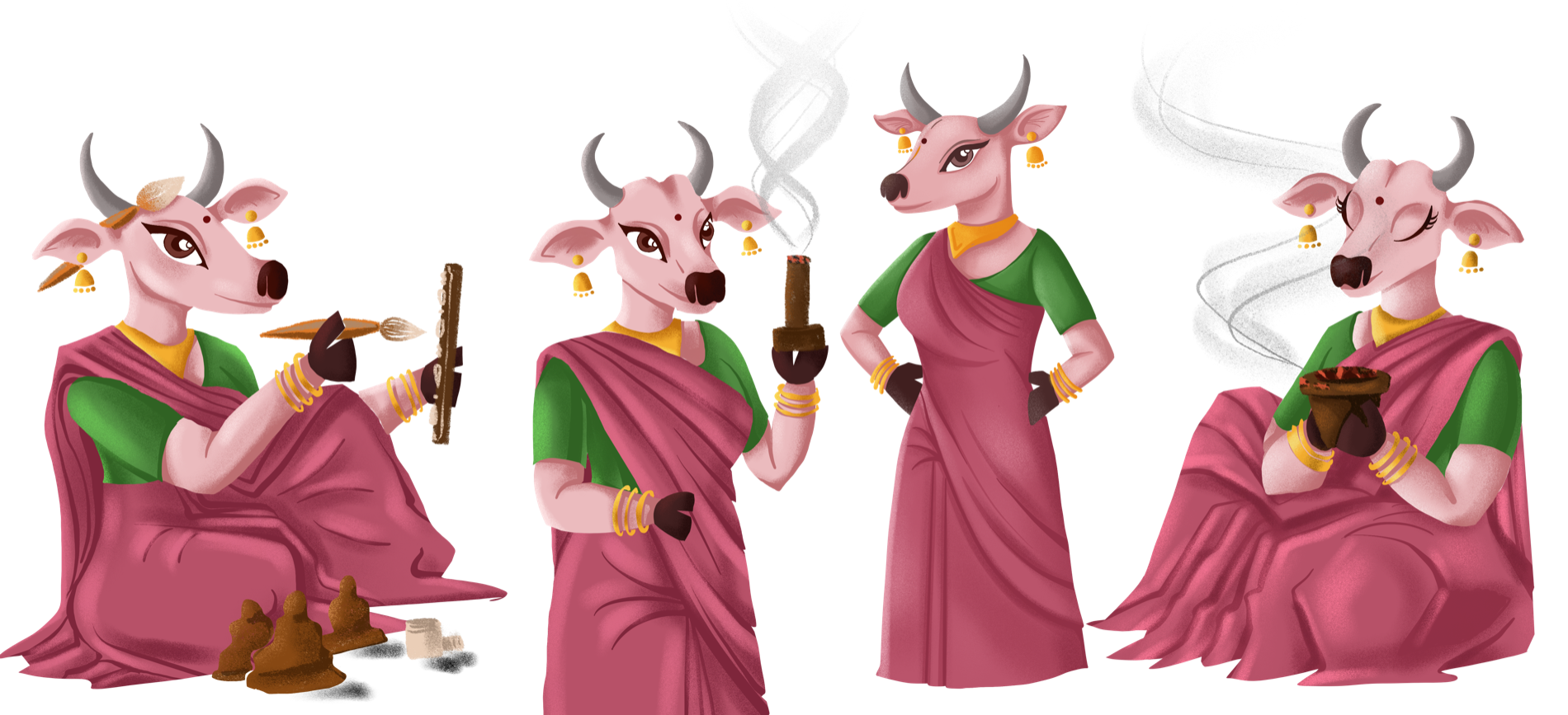 Kriti the cow mascot in four poses — with a dhoop bowl, with incense, crafting, and a confident stance