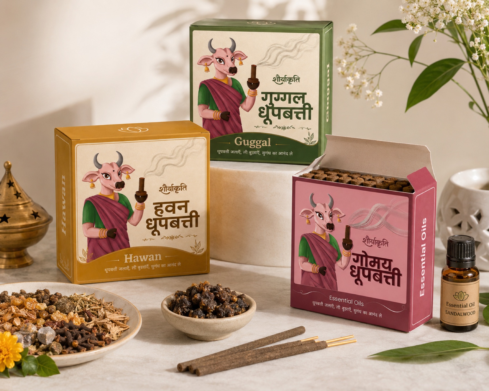 The three Gomay Dhoopbatti cartons — Hawan, Guggal and Essential Oils — styled together with incense sticks, resin, a brass diya, dried herbs and an essential-oil bottle