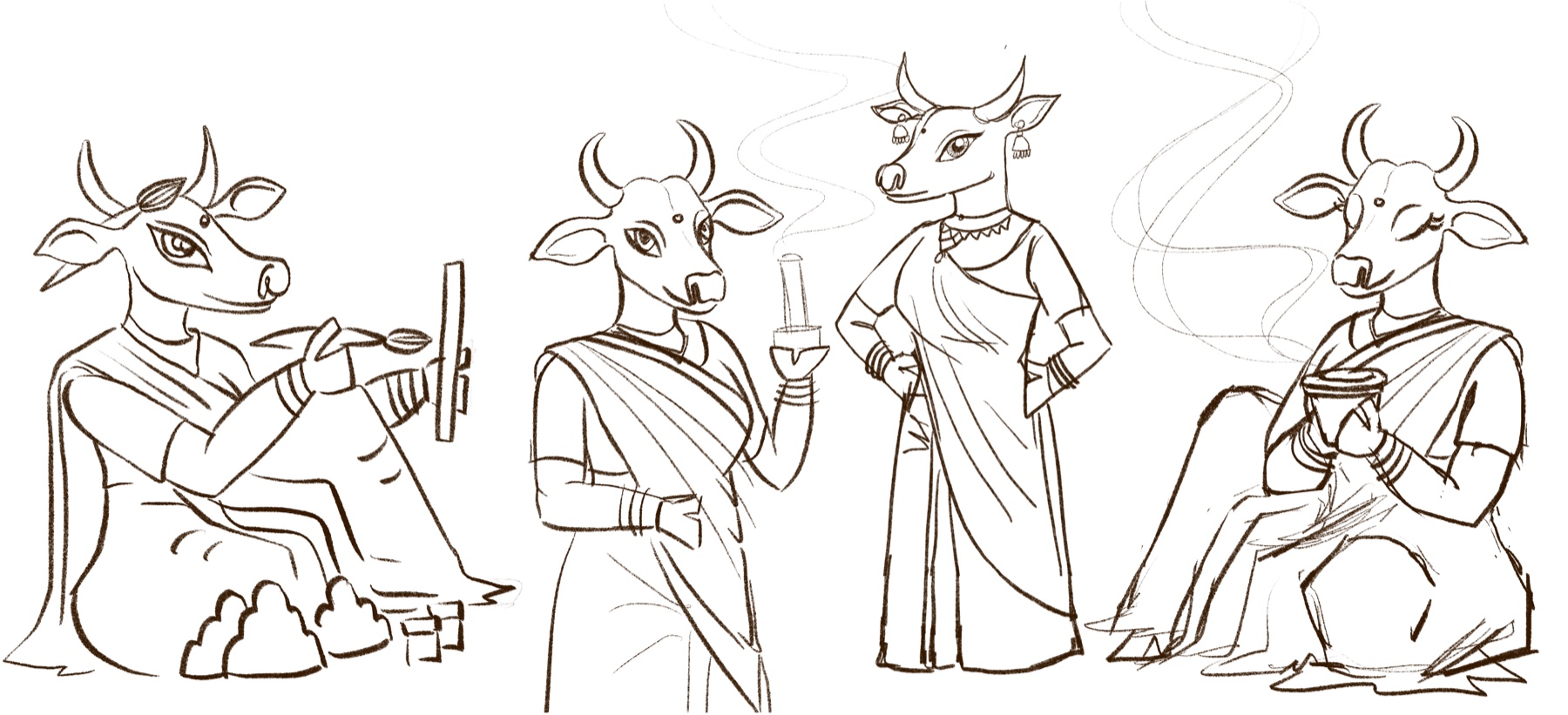 Line-art sketches of all four Kriti poses