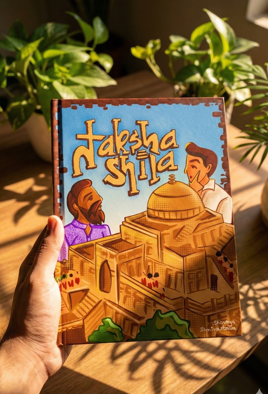 The printed Tale of Takshashila cover held in hand — hand-lettered Taksha-Shila title over a golden domed campus, flanked by the Guide and the Traveler