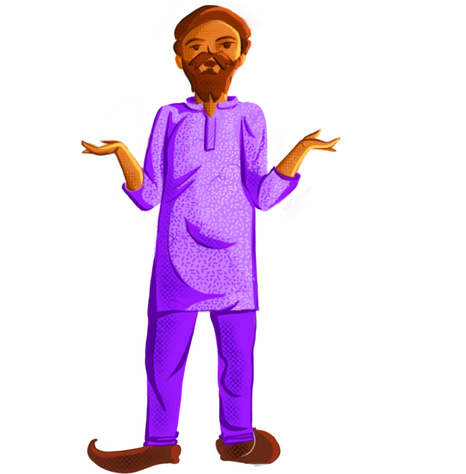 Full-body turnaround of the Mysterious Guide — older bearded man in a purple kurta-pyjama and jootis