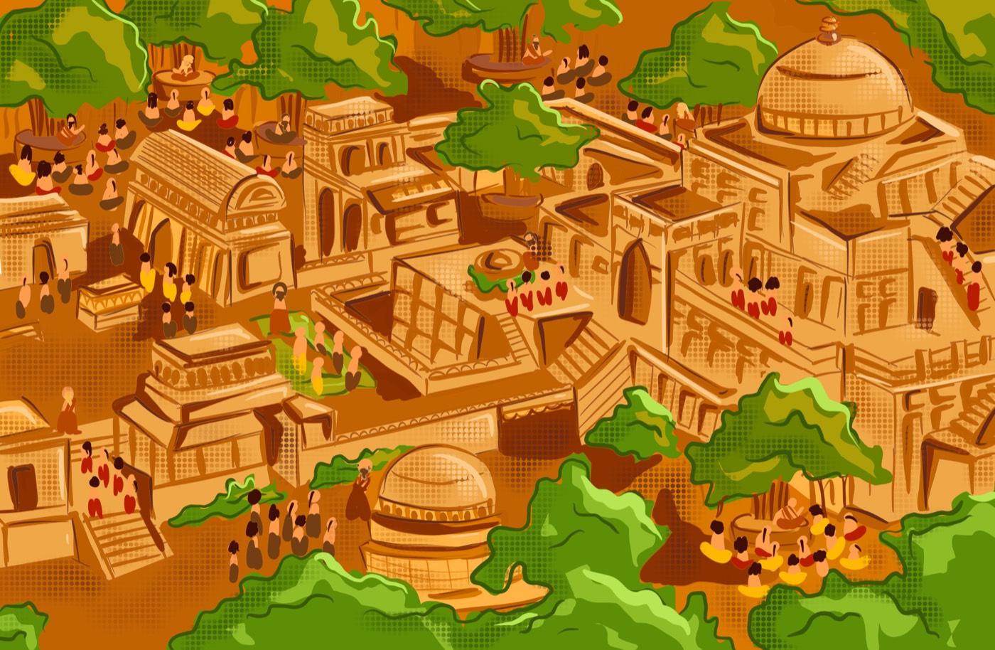Isometric aerial of Takshashila in its prime — stupas, halls and terraces teeming with tiny robed figures
