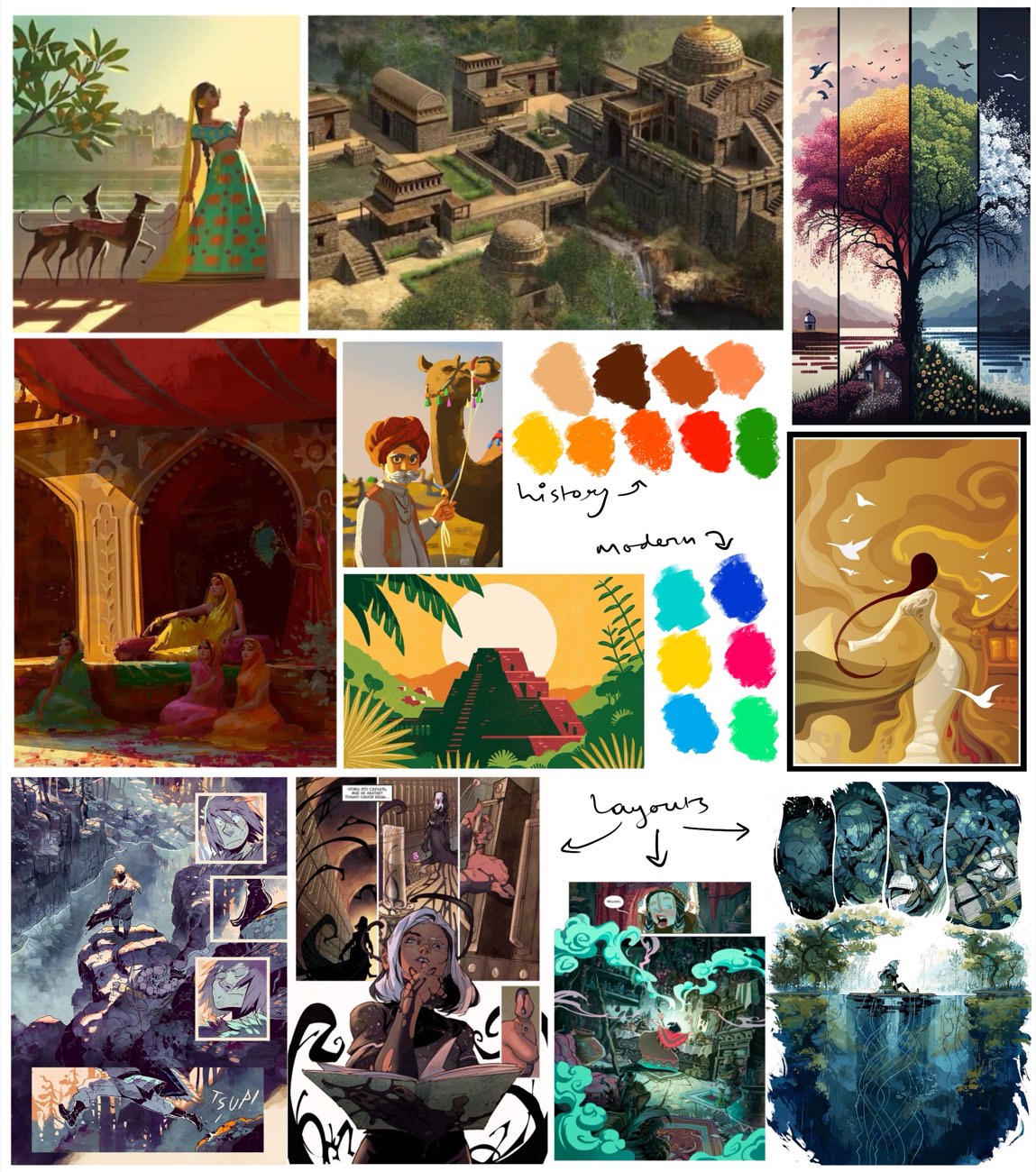 Pre-production moodboard — references for poses, architecture and palettes, hand-annotated with arrows mapping history and modern colour directions