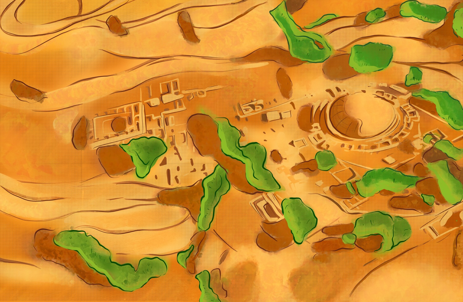 Aerial of the present-day archaeological site — the same footprint reduced to broken foundations and scattered vegetation in sandstone tones
