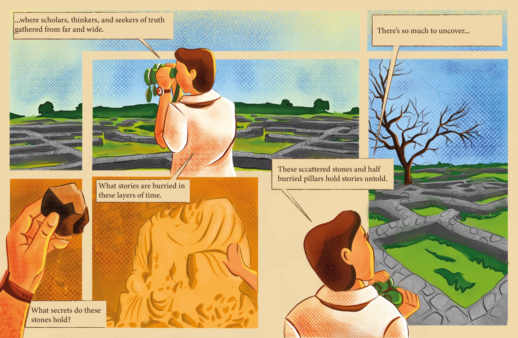 Two-page spread — the Traveler walks the present-day ruins, then crouches to touch a buried statue, speech balloons asking what secrets the stones hold