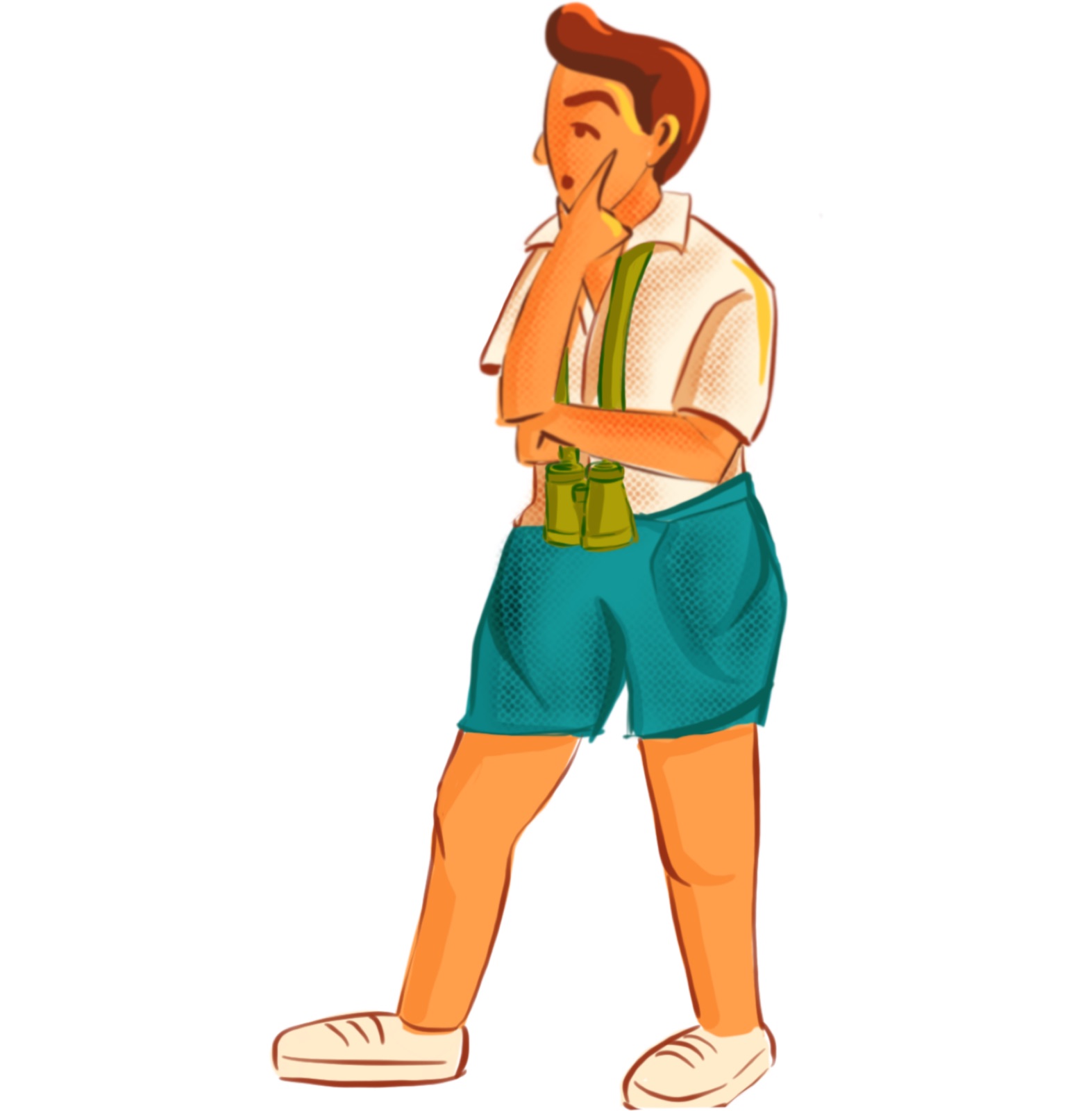 Full-body pose of the Traveler — young man in a white floral shirt, teal shorts, sneakers and binoculars